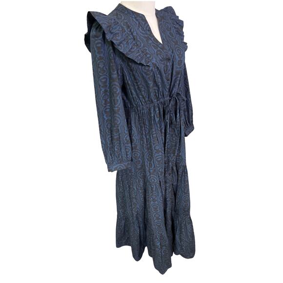 Cefinn Blue Ikat Ruffle Maxi Shirt Dress Belted Long Sleeve US 8 - Picture 8 of 9